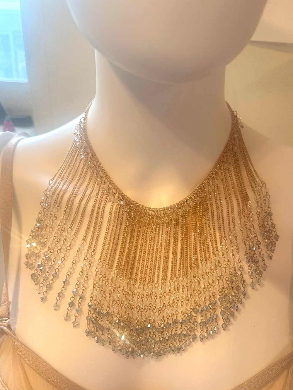 Elegant Gold Fringe Statement Necklace w/ Earrings.